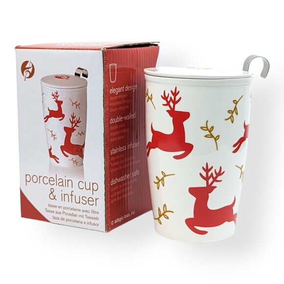 Holiday Tea Infuser Adagio Teas Porcelain Cup Seasonal Christmas Reindeer - Picture 1 of 12